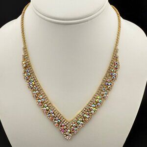 Gold Rhinestone Necklace With Scalloped Design & Aurora Borealis Crystals